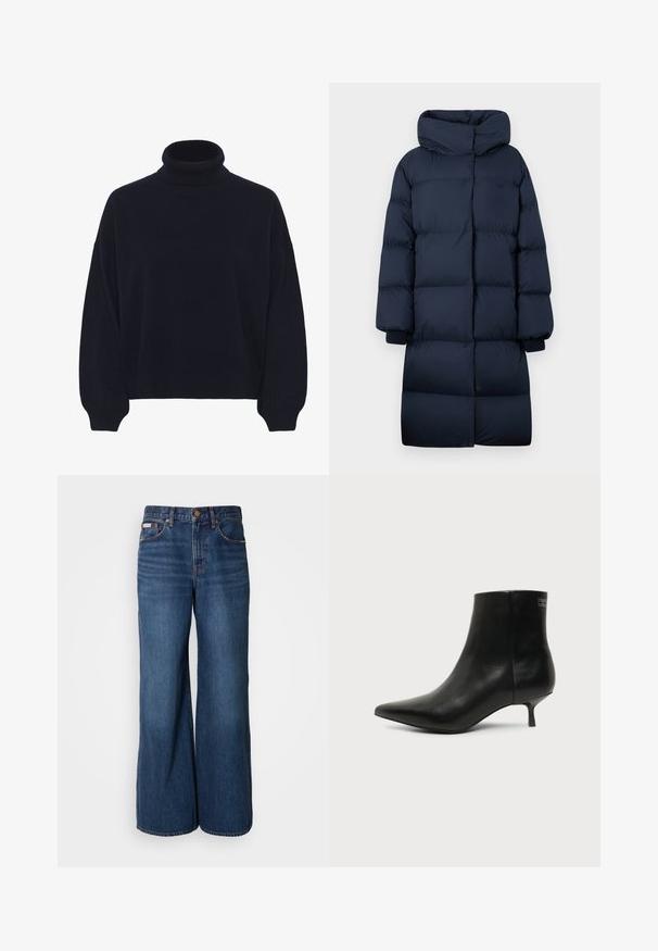 Manteau d'hiver long rembourré bleu marine avec col haut et poignets côtelés, conçu pour la chaleur et une couverture totale.; Pull col roulé bleu marine en tissu tricoté doux. Présente une coupe décontractée, des épaules tombantes, ainsi que des poignets et un ourlet côtelés. Design uni.; Jean large en denim bleu foncé. Les caractéristiques incluent une taille haute, cinq poches et des coutures contrastantes orange le long des coutures.; Bottine en cuir noir avec bout pointu et petit talon kitten sur fond clair, vue côté extérieur.