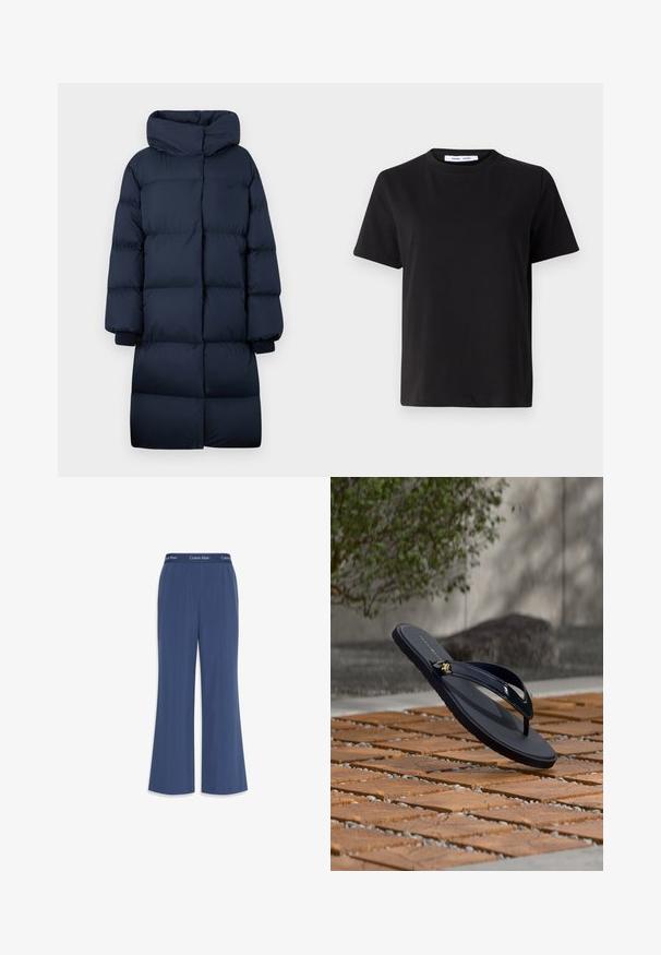 Langer, gepolsterter, navyblauer Wintermantel mit hohem Kragen und gerippten Bündchen, entworfen für Wärme und vollständige Abdeckung.; Schwarzes T-Shirt mit kurzen Ärmeln aus weicher Baumwolle, mit rundem Ausschnitt, lockerer Passform und glatter Textur. Keine sichtbaren Muster oder Grafiken.; Marinefarbene weite Hosen aus weichem Stoff mit glatter Textur. Mit einem elastischen Bund, der mit dem "Calvin Klein"-Logo am oberen Rand versehen ist.; Schwarze Flip-Flop-Sandale mit einem goldenen Emblem auf dem Riemen, platziert auf einem gemusterten Holzboden mit Grünpflanzen und einer grauen Wand im Hintergrund.
