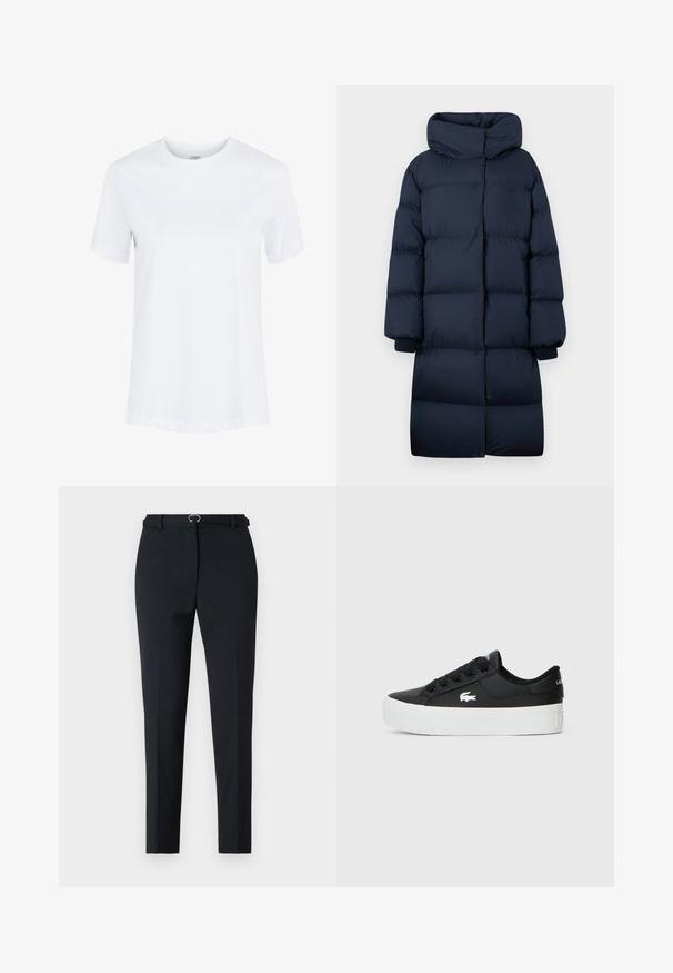 Lange, marineblauwe, gewatteerde winterjas met hoge kraag en geribbelde manchetten, ontworpen voor warmte en volledige bedekking.; Effen wit katoenen T-shirt met korte mouwen, ronde hals en omgeslagen mouwzomen, getoond op een effen witte achtergrond.; Zwarte nauwsluitende pantalon met een slanke pasvorm, voorzien van een rechte voorkant, riemlussen en een kleine zilveren gesp. Gladde stof met een nette afwerking.; Zwarte lage sneaker gemaakt van synthetisch materiaal, met een witte rubberen zool, zwarte veters en een klein wit logo aan de zijkant.