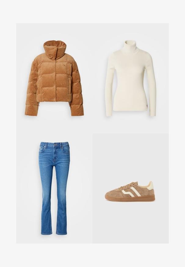 Braune Cord-Quilted-Jacke mit hohem Kragen, boxy Design, knöpfbare Vorderseite und gerippter Textur. Ein Logo ist auf der Brust eingeprägt.; Cremfarbener Rollkragenpullover aus geripptem Stoff. Hat lange Ärmel, eine taillierte Passform und ein kleines Logo am Saum. Weiche Textur.; Blaue Denim-Jeans mit ausgestelltem Bein und mittelhoher Taille, ausgestattet mit einem klassischen Fünf-Taschen-Design und subtiler Ausbleichung an den Knien.; Brauner Wildleder-Sneaker mit weißen Akzentstreifen, rundem Zehenbereich, beigem Innenfutter und Gummisohle. Schnürsenkel mit strukturierter Oberfläche.