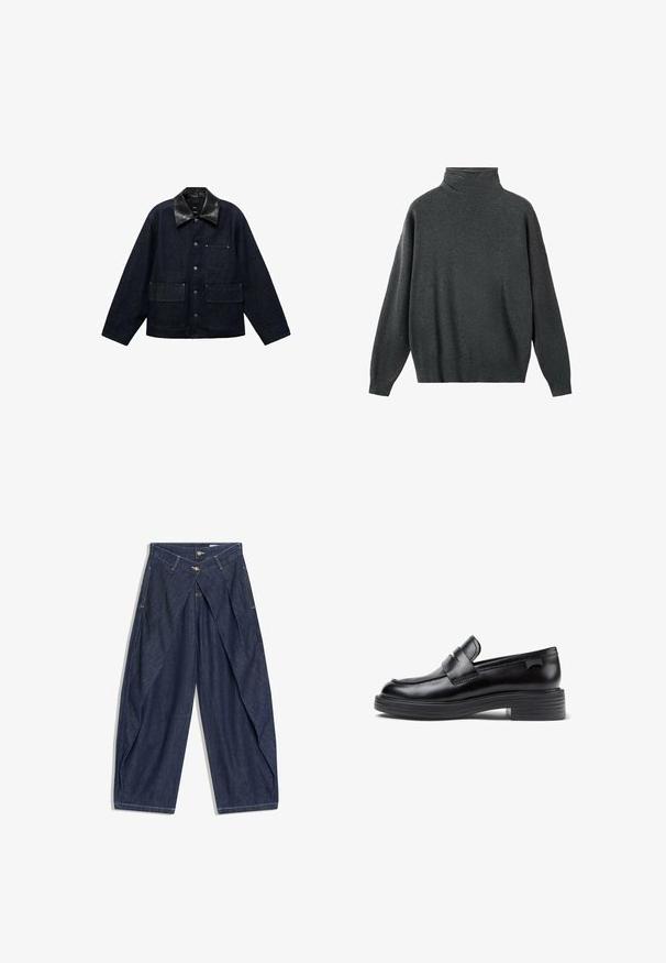Mørk denimjakke med krave i sort læder, udstyret med trykknaplukninger foran, to store forlommer og en brystlomme.; Mørkegrå rullekrave sweater lavet af blødt stof, med en afslappet pasform, lange ærmer samt ribstrikkede manchetter og kant. Glat tekstur.; Mørkeblå vidde bukser i denim med folder foran, bæltestropper, sidelommer og dobbelt knaplukning i taljen.; Sorte læder loafers med en rund tå, der har et syet design og en kraftig gummisål. Accenteret med en dekorativ strop.