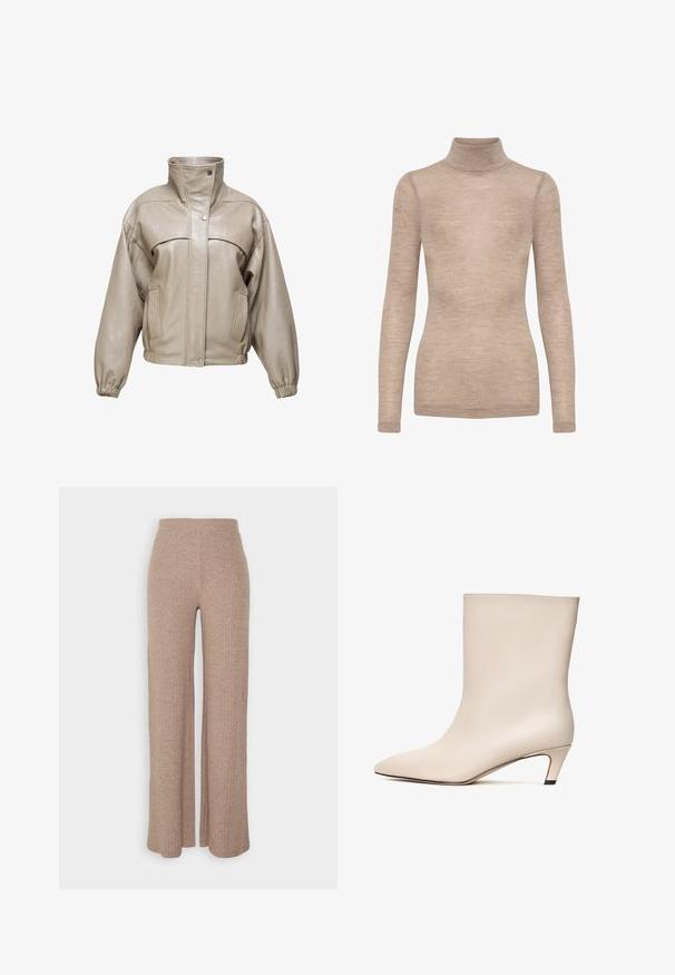 Beige læderjakke med høj krave, trykknaplukning, elastiske manchetter og to forlommer, vist på hvid baggrund.; Beige turtleneck sweater lavet af let, blød stof med lange ærmer og en tætsiddende pasform. Har en ribbet halsudskæring og en glat tekstur.; Beige ribbede vide bukser med høj talje og blød tekstur, der har en løs pasform og ingen synlige lukninger.; Beige læder ankelstøvle med spids tå og konisk hæl. Glat tekstur med minimal syning og en strømlinet silhuet.