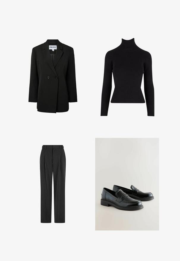 Pieces PCNOLINE LOOSE FIT - Blazer - black; Zwarte geribbelde coltrui met lange mouwen, aansluitende snit, textuurstof en hoge kraag.; Zwarte gestreepte broek met een hoge taille, geplooide voorkant en een recht, slim-fit ontwerp. De stof lijkt gestructureerd en is op maat gemaakt voor een formele uitstraling.; Zwarte leren instappers met een gladde afwerking, verhoogde stikseldetails en een lage, vierkante hak. De zijaccenten zijn minimaal en slank.