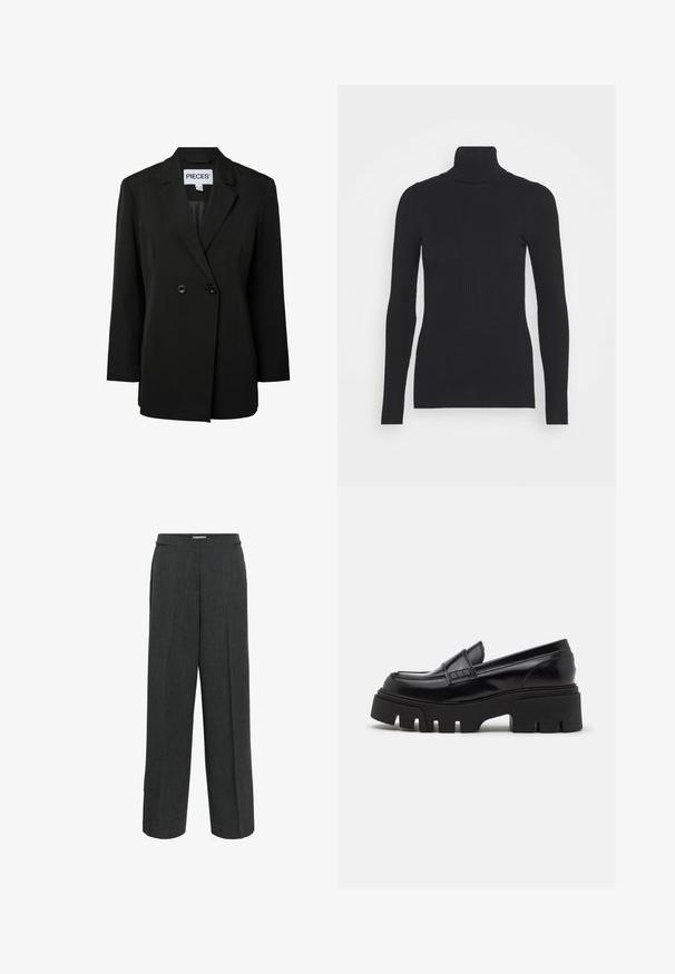 Pieces PCNOLINE LOOSE FIT - Blejzer - black; Čierny rebrovaný rolák, ktorý má dlhé rukávy a priliehavý strih. Textúra je hladká s horizontálnym rebrovaním.; Tmavosivé elegantné nohavice so širokými nohavicami, s plochým predným dielom a bočnými vreckami, určené na formálne alebo kancelárske nosenie.; Čierne kožené loafers so robustnou štruktúrovanou platformovou podrážkou a ozdobným remienkom cez hornú časť. Hladký, lesklý povrch.