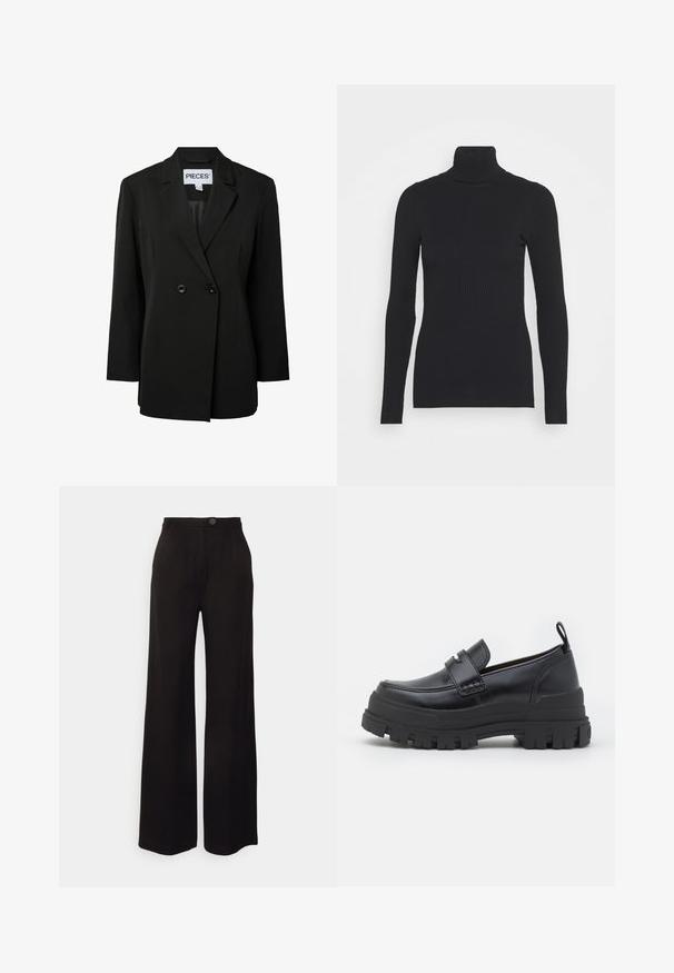 Pieces PCNOLINE LOOSE FIT - Blazer - black; Sort ribbet rullekravesweater med lange ærmer og en tætsiddende silhuet. Teksturen er glat med et vandret ribmønster.; Sorte vide ben bukser lavet af et glat stof, med en frontknaplukning og to frontfolder for ekstra detaljer.; Sort læderloafer med tyk rillede sål, mok tå syning, remdetalje over toppen og trækstrop på hælen, vist i sideprofil.