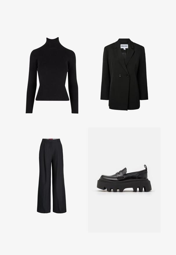 Pieces PCNOLINE LOOSE FIT - Σακάκι - black; Μαύρο ριμπ πλεχτό μπουφάν με μακριά μανίκια, σε εφαρμοστή γραμμή, υφασμάτινη υφή και ψηλό γιακά.; Μαύρο παντελόνι με φαρδιά μπατζάκια, θηλιές για ζώνη και κλείσιμο με φερμουάρ μπροστά, εμφανίζεται σε λευκό φόντο.; Μαύρα δερμάτινα loafers με χοντρή μαύρη καουτσούκ σόλα, διαθέτοντας αντιολισθητικές αυλακώσεις και διακοσμητική ταινία μπροστά.