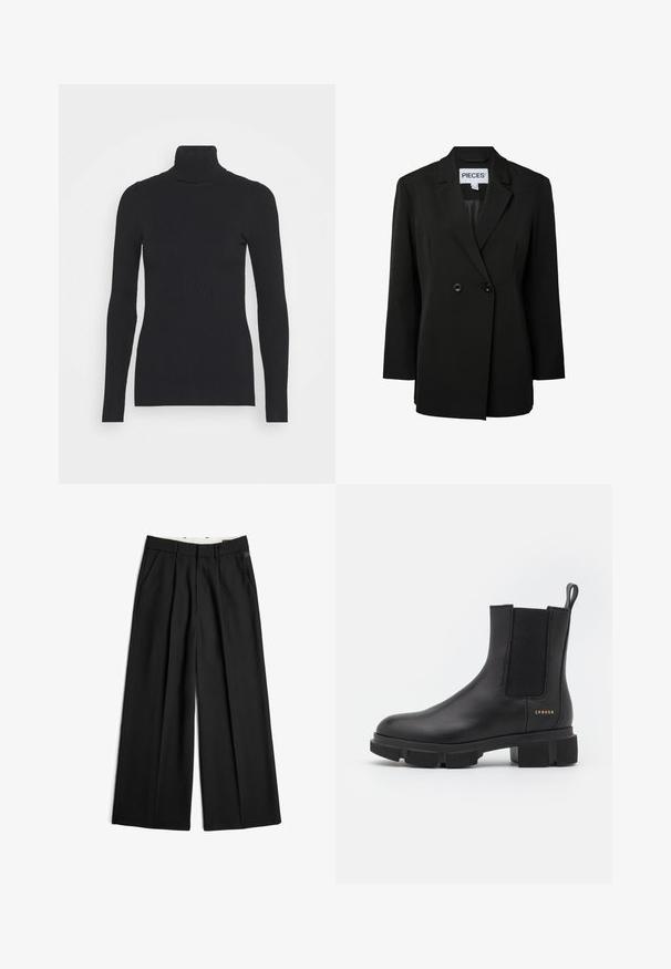 Pieces PCNOLINE LOOSE FIT - Blazer - black; Pull noir à col roulé côtelé, doté de longues manches et d'une silhouette près du corps. La texture est lisse avec un motif de côtes horizontal.; Pantalon noir à jambes larges avec plis devant, poches latérales, passants de ceinture et fermeture éclair.; Bottines en cuir noir avec des panneaux élastiques sur les côtés et une semelle épaisse à crampons. Présentent une languette et un logo doré. Fini mat.