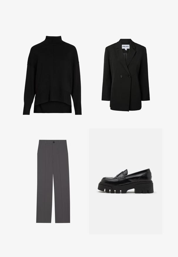 Pieces PCNOLINE LOOSE FIT - Bleiseri - black; Mustat neulepusero, jossa on löysä istuvuus, roikkuvat olkapäät, ribattu hihansuu ja korkeampi takapituus. Pehmeä kangas, minimaalinen yksityiskohtaisuus.; Harmaat housut, joissa on suora lahkeiden muotoilu, kahdella sivutaskulla ja nappisuljenta. Pehmeä kangas, jossa ei ole näkyviä kuvioita tai yksityiskohtia.; Musta nahka loaferit paksulla teksturoidulla pohjalla ja koristehihnalla yläosassa. Sulava, kiiltävä pinta.