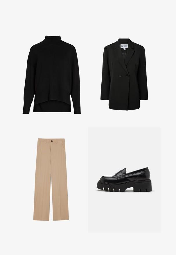 Pieces PCNOLINE LOOSE FIT - Blejzer - black; Čierny pletený rolák so voľným strihom, spadnutými ramenami, rebrovanými manžetami a dizajnom s vysokým a nízkym lemom. Mäkká textúra, minimálne detaily.; Béžové nohavice so širokými nohavicami a hladkou textúrou, s dvoma bočnými vreckami, predným zapínaním na gombík a jemnými záhybmi pre dodatočný detail.; Čierne kožené loafers so robustnou štruktúrovanou platformovou podrážkou a ozdobným remienkom cez hornú časť. Hladký, lesklý povrch.