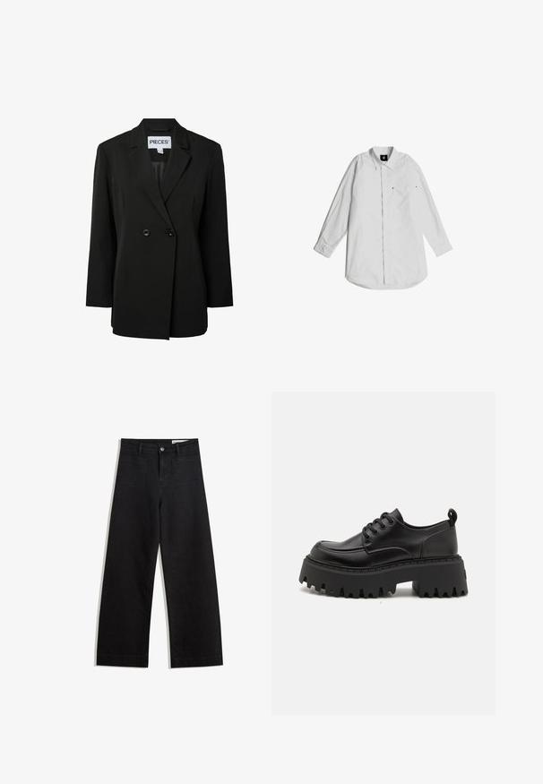 Pieces PCNOLINE LOOSE FIT - Blazer - black; Weißes Langarmhemd aus leichtem Baumwollstoff. Mit einem Button-down-Kragen, einer Brusttasche und dezenten Stichdetails.; Schwarze weit geschnittene Jeans mit hoher Taille, ausgestattet mit Vorder- und Hintertaschen, gesteppten Nähten und einem Knopfverschluss. Glatte Textur.; Schwarze Leder-Plateauschuhe mit einer massiven, geriffelten Gummisohle und sechs Ösen. Sie verfügen über eine abgerundete Zehenpartie und eine Fersenschlaufe für ein einfaches Anziehen.