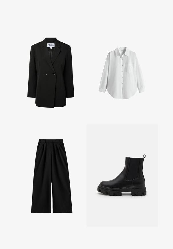 Pieces PCNOLINE LOOSE FIT - Blazer - black; Chemise blanche à manches longues boutonnée avec col et poche poitrine, présentée sur un fond blanc uni.; Pantalon noir à jambes larges et taille haute avec passants de ceinture, plis à l'avant et finition en tissu propre et lisse.; Bottines en cuir noir avec des panneaux latéraux élastiques, semelle en caoutchouc épaisse et une languette. Présente une texture lisse et un motif de semelle défini.