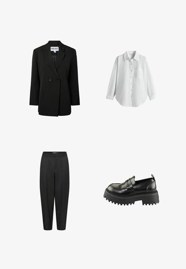 Pieces PCNOLINE LOOSE FIT - Blazer - black; Hvid langærmet skjorte med knapper, krave og brystlomme, vist på en ensfarvet hvid baggrund.; Sorte skræddersyede bukser med plisseret front, smalle ben og en glat tekstur. Mellemhøj talje og ankel-længde.; Sorte læder loafers med en tyk, struktureret sort gummisål. Har en rund tå og en dekorativ rem på tværs af vamps.
