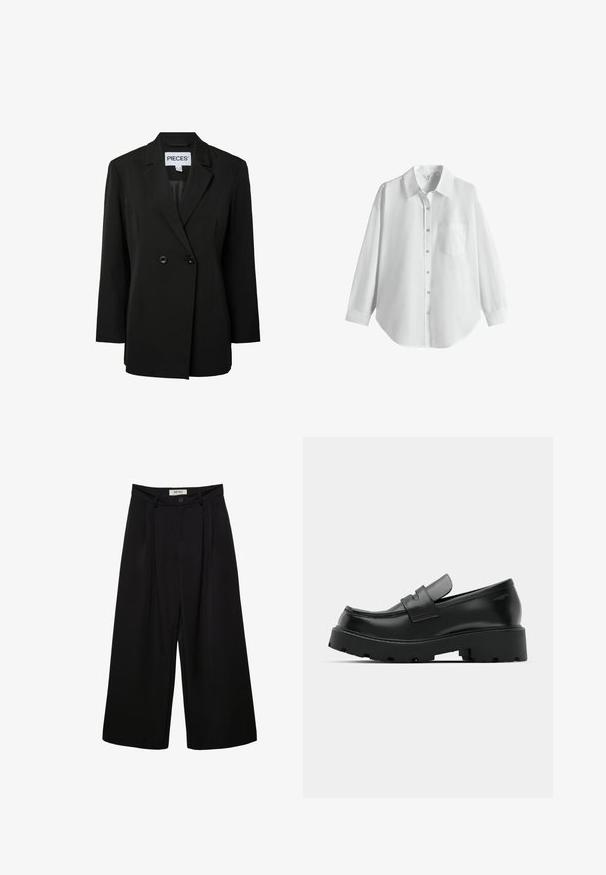Pieces PCNOLINE LOOSE FIT - Blazer - black; Chemise blanche à manches longues boutonnée avec col et poche poitrine, présentée sur un fond blanc uni.; Pantalon noir à jambes larges avec taille haute, présentant des plis à l'avant, deux poches latérales et une fermeture par bouton. Texture de tissu lisse.; Mocassins en cuir noir avec une semelle épaisse et texturée, dotés d'une sangle sur le vamp et d'une finition lisse et polie.
