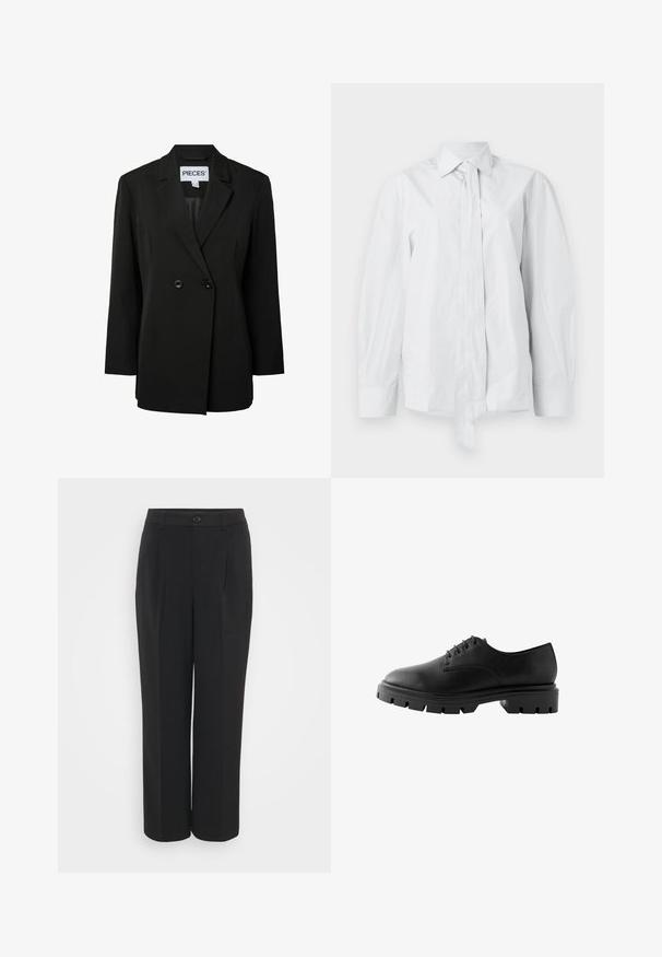 Pieces PCNOLINE LOOSE FIT - Blejzer - black; Biela, dlhá košeľa s klasickým golierom a predlženou mašľou. Vyrobená z hladkej látky, má uvoľnený strih a žiadne vzory.; Čierne nohavice s vysokým pásom, hladkého materiálu, s plisovaným predným dielom a jedným gombíkom. Široký strih so bočnými vreckami.; Čierna kožená topánka s okrúhlou špičkou, šiestimi dierkami, plochými šnúrkami a robustnou gumovou podrážkou s hlbokým vzorom.