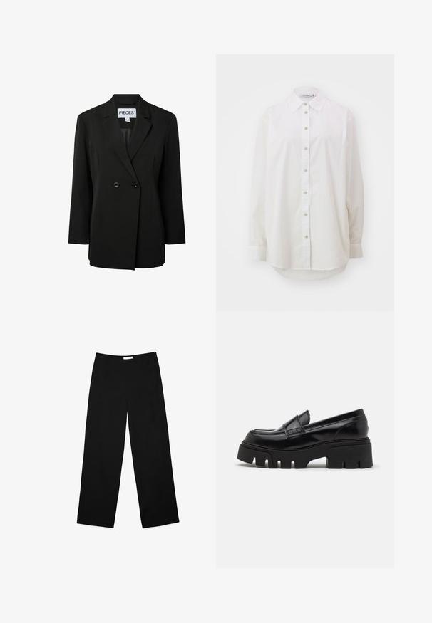 Pieces PCNOLINE LOOSE FIT - Blejzer - black; Biela košeľa na gombíky vyrobená z bavlny. Má klasický golier, dlhé rukávy a zakrivený spodný lem. Vpredu má štandardné gombíkové zapínanie.; Široké nohavice z čierneho materiálu, s hladkým povrchom, čistým dizajnom a diskrétnym bočným zipsom na zapínanie.; Čierne kožené loafers so robustnou štruktúrovanou platformovou podrážkou a ozdobným remienkom cez hornú časť. Hladký, lesklý povrch.