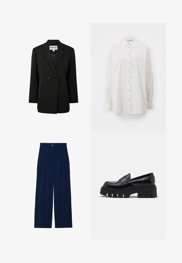 Pieces PCNOLINE LOOSE FIT - Blazer - black; Hvid skjorte med knapper lavet af bomuld. Har en klassisk krave, lange ærmer og en buet kant. Har standard knaplukning foran.; Marineblå brede bukser lavet af blødt materiale, med fortilæg, knaplukning og to sidelommer.; Sorte læder loafers med en chunky, tekstureret platformssål og en dekorativ rem over toppen. Glat, blank finish.