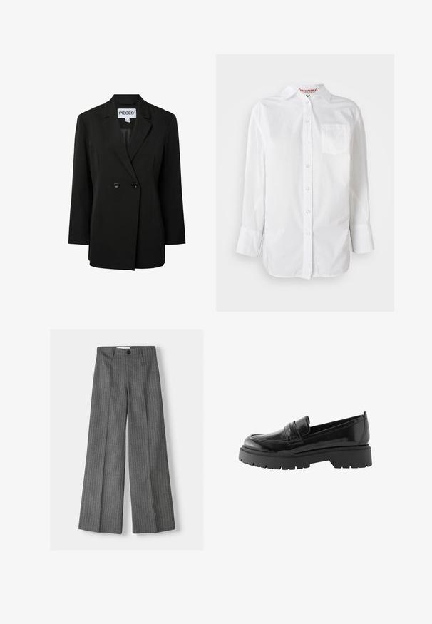 Pieces PCNOLINE LOOSE FIT - Blazer - black; Chemise blanche à manches longues avec col et poche poitrine, présentée sur un fond uni.; Pantalons large gris à rayures, dotés d'une fermeture à bouton et de deux poches avant. Fabriqués en tissu texturé.; Des mocassins en cuir verni noir présentent une semelle de plateforme basse avec un motif robuste et un détail cousu au niveau du milieu du pied.