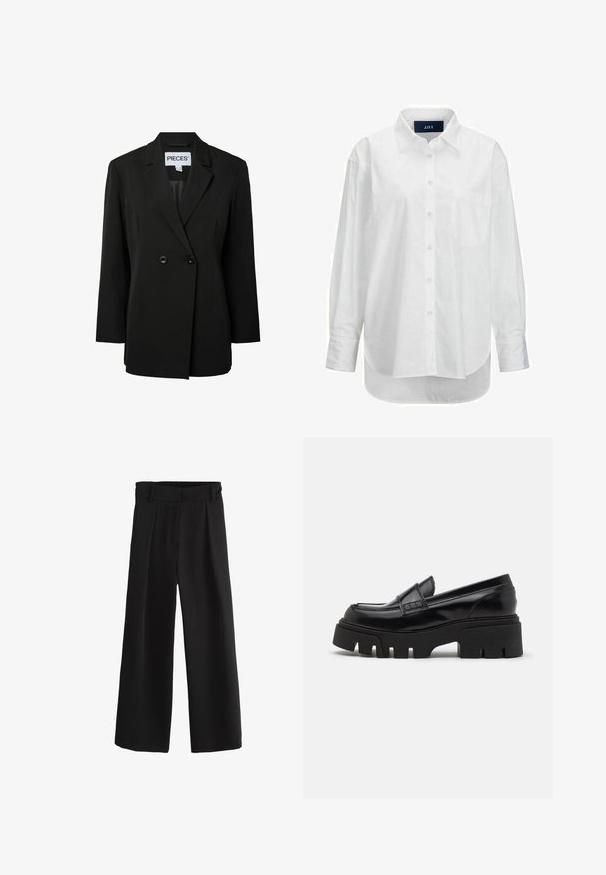 Pieces PCNOLINE LOOSE FIT - Blazer - black; Camisa blanca de manga larga en algodón suave con cuello abotonado, bolsillo frontal y dobladillo curvado. Cuenta con un canesú en la parte posterior para mayor estructura.; Pantalones negros de pierna ancha con cinturilla elástica y trabillas, con un frente liso y ajuste holgado.; Mocasines de cuero negro con una suela de plataforma gruesa y texturizada, y una correa decorativa en la parte superior. Acabado liso y brillante.