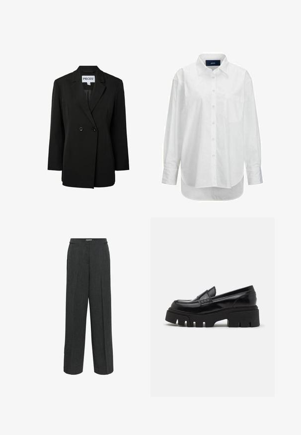 Pieces PCNOLINE LOOSE FIT - Blazer - black; Hvid langærmet skjorte i glat bomuld med knapkrave, frontlomme og buet nederkant. Har en rygskulder for ekstra struktur.; Mørkegrå bukser med vide ben, flad front og sidelommer, designet til formelt eller kontorbrug.; Sorte læder loafers med en chunky, tekstureret platformssål og en dekorativ rem over toppen. Glat, blank finish.