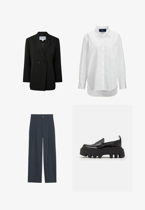 Pieces PCNOLINE LOOSE FIT - Blazer - black; Chemise blanche à manches longues en coton doux avec un col boutonné, une poche à l'avant et un ourlet arrondi. Présente un empiècement au dos pour plus de structure.; Pantalons larges en tissu texturé gris foncé, avec des plis avant, une fermeture à bouton et des poches latérales pour plus de fonctionnalité.; Mocassins en cuir noir avec une semelle en caoutchouc noir épaisse, dotées de rainures antidérapantes et d'une sangle décorative à l'avant.