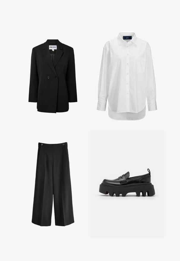 Pieces PCNOLINE LOOSE FIT - Blazer - black; Hvid langærmet skjorte i glat bomuld med knapkrave, frontlomme og buet nederkant. Har en rygskulder for ekstra struktur.; Svarte breddebenede bukser med høj talje, lavet af glat stof. Har to forlommer og to knapper ved linningen.; Sorte læder loafers med en kraftig sort gummisål, der har skridsikre riller og et dekorativt bånd over forsiden.