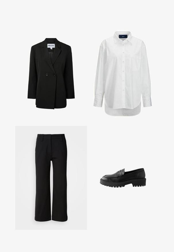 Pieces PCNOLINE LOOSE FIT - Blazer - black; Witte lange mouwen shirt van glad katoen met een button-down kraag, voorzak en ronde zoom. Heeft een achterpand voor extra structuur.; Zwarte wijde broek gemaakt van soepel stof. Kenmerkt zich door een vlakke voorkant, ceintuurlussen en een nette zoom zonder zakken of zichtbare sluitingen.; Zwarte leren instapper met een ronde neus, verhoogde stiknaaddetails en een stevige rubberen zool met diepe profielen voor grip.