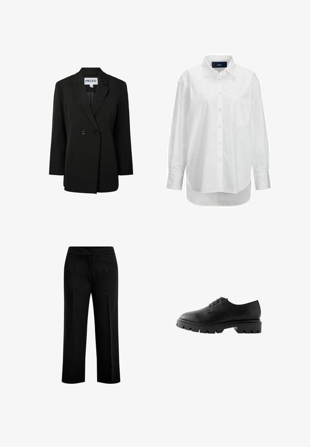 Pieces PCNOLINE LOOSE FIT - Blejzer - black; Biele dlhé rukávy košele z hladkej bavlny s golierom na gombíky, prednou vreckom a zakriveným lemom. Obsahuje zadný diel pre zvýšenú štruktúru.; Čierne nohavice s širokými nohavicami vyrobené z hladkej tkaniny, ktoré majú dva predné vrecká a plochý pás. Strih s čistou siluetou.; Čierna kožená topánka s okrúhlou špičkou, šiestimi dierkami, plochými šnúrkami a robustnou gumovou podrážkou s hlbokým vzorom.