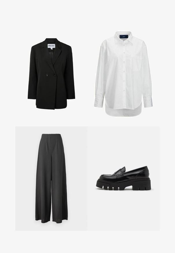Pieces PCNOLINE LOOSE FIT - Blazer - black; Hvid langærmet skjorte i glat bomuld med knapkrave, frontlomme og buet nederkant. Har en rygskulder for ekstra struktur.; Sorte vide bukser lavet af et glat stof, med høj talje og plisseret design for ekstra struktur og dybde.; Sorte læder loafers med en chunky, tekstureret platformssål og en dekorativ rem over toppen. Glat, blank finish.