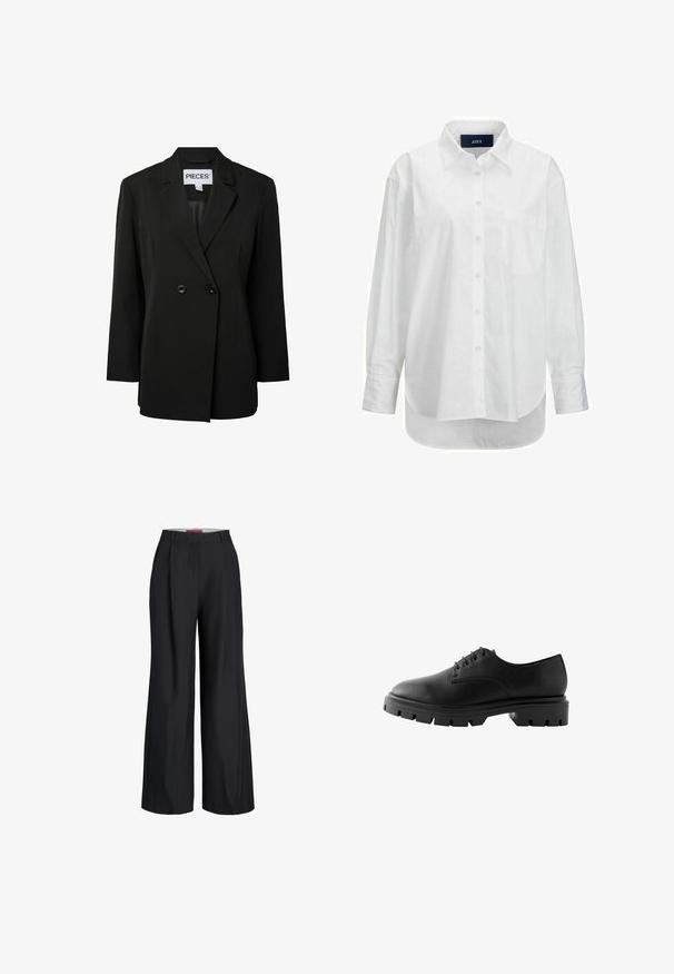 Pieces PCNOLINE LOOSE FIT - Blejzer - black; Biele dlhé rukávy košele z hladkej bavlny s golierom na gombíky, prednou vreckom a zakriveným lemom. Obsahuje zadný diel pre zvýšenú štruktúru.; Čierne široké spoločenské nohavice s opaskovými pútkami a predným zapínaním na zips, zobrazené na bielom pozadí.; Čierna kožená topánka s okrúhlou špičkou, šiestimi dierkami, plochými šnúrkami a robustnou gumovou podrážkou s hlbokým vzorom.