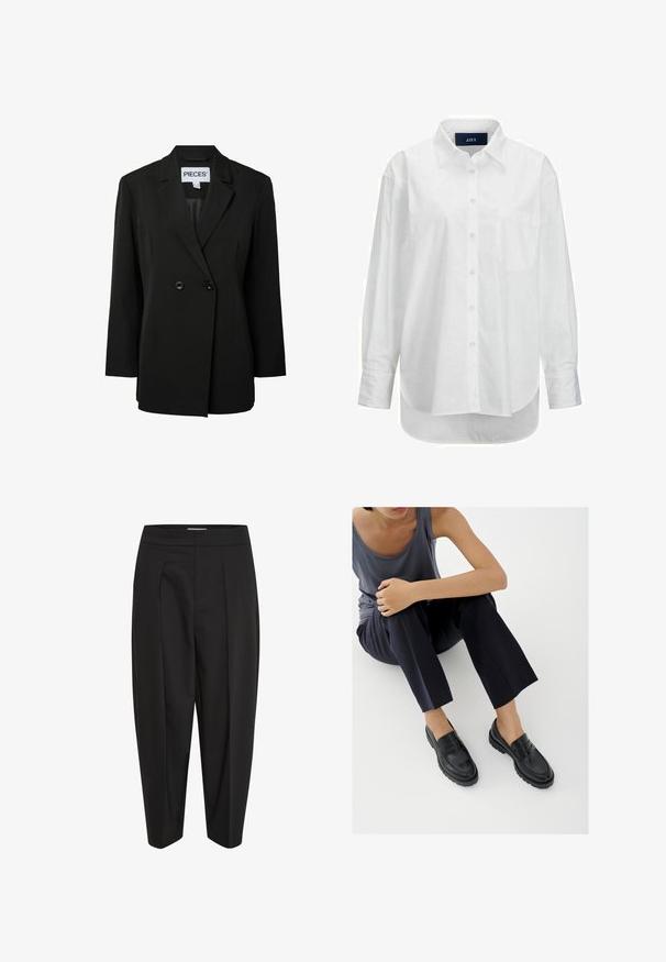 Pieces PCNOLINE LOOSE FIT - Blazer - black; Camisa blanca de manga larga en algodón suave con cuello abotonado, bolsillo frontal y dobladillo curvado. Cuenta con un canesú en la parte posterior para mayor estructura.; Pantalones negros con una tela suave, con cintura alta, pliegue central y perneras ajustadas. Sin bolsillos visibles ni adornos.; Mocasines de cuero negro con detalles texturizados, tacón bajo, puntera redonda y costuras visibles. Modelo vistiendo pantalones oscuros y una blusa gris.