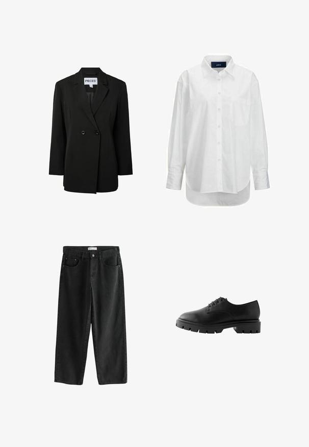 Pieces PCNOLINE LOOSE FIT - Blazer - black; Witte lange mouwen shirt van glad katoen met een button-down kraag, voorzak en ronde zoom. Heeft een achterpand voor extra structuur.; Zwarte wijde denim jeans met een medium taille, voorzien van twee voorzakken, een knoopsluiting en subtiele stikdetails.; Zwarte leren schoen met een ronde neus, zes veterogen, platte veters en een stevige rubberen zool met diepe profielpatronen.