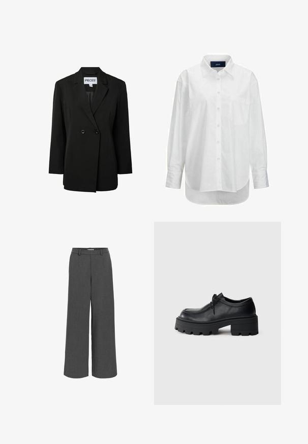 Pieces PCNOLINE LOOSE FIT - Blazer - black; Chemise blanche à manches longues en coton doux avec un col boutonné, une poche à l'avant et un ourlet arrondi. Présente un empiècement au dos pour plus de structure.; Pantalon large gris fabriqué en tissu texturé, avec une ceinture élastique et des poches avant pour un ajustement décontracté.; Chaussure en cuir noir à lacets avec une semelle en caoutchouc noir épaisse et texturée et un bout arrondi. Présente des détails de couture discrets.
