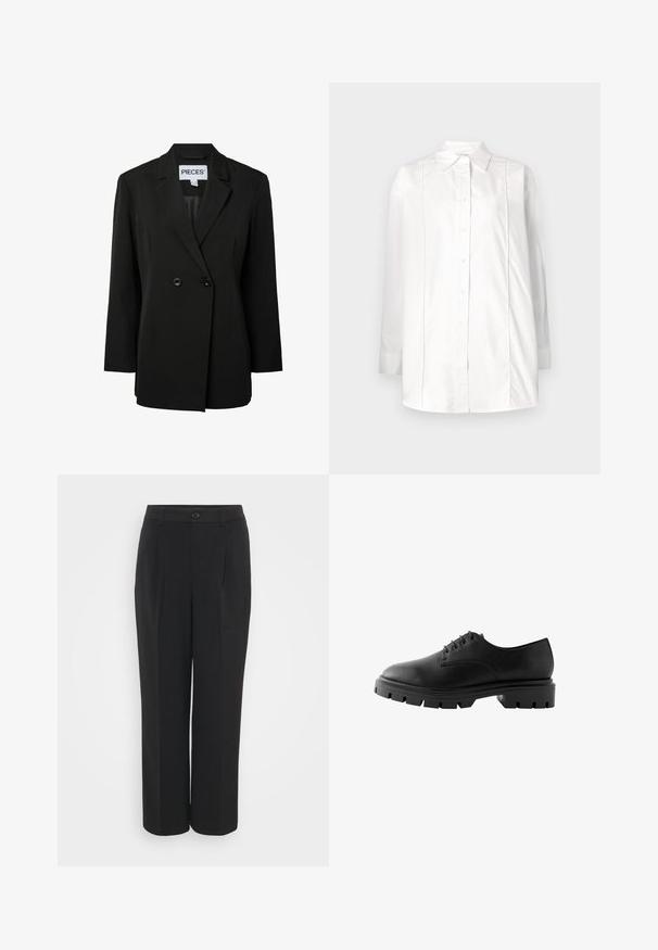 Pieces PCNOLINE LOOSE FIT - Blazer - black; Camisa blanca de manga larga hecha de algodón, con cuello clásico, cierre frontal de botones y detalles de pliegues verticales en el torso.; Pantalones negros de talle alto con una textura suave, frente plisado y cierre de botón único. Diseño de pierna ancha con bolsillos laterales.; Zapato de cuero negro con puntera redondeada, seis ojales, cordones planos y una suela de goma gruesa con patrones de tracción profundos.