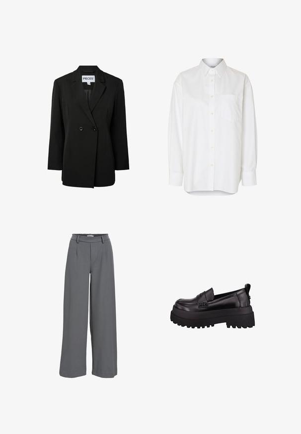 Pieces PCNOLINE LOOSE FIT - Blazer - black; Chemise blanche à manches longues boutonnée avec col pointu et poche poitrine, présentée sur un fond uni.; Pantalons à jambe large en tissu gris clair, avec une taille froncée, des plis avant et une texture lisse et douce.; Mocassins en cuir verni noir avec une semelle en caoutchouc épaisse et texturée, présentant un détail cousu à l'avant et une petite languette à l'arrière.
