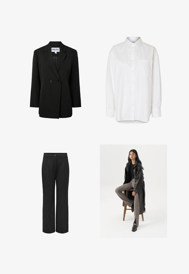 Pieces PCNOLINE LOOSE FIT - Σακάκι - black; Λευκό πουκάμισο με μακριά μανίκια και κουμπιά, με μυτερό γιακά και τσέπη στο στήθος, εμφανίζεται σε απλό φόντο.; Μαύρο παντελόνι με φαρδιά πόδια κατασκευασμένο από απαλό ύφασμα, με κούμπωμα και γραμμές πτυχών για μία κομψή εμφάνιση.; Μαύρο δερμάτινο παλτό με κουμπιά και λεπτομέρεια ζώνης, συνδυασμένο με ανοιχτό καφέ εφαρμοστά παντελόνια και μαύρα μοκασίνια, καθισμένο σε ξύλινη σκάλα.
