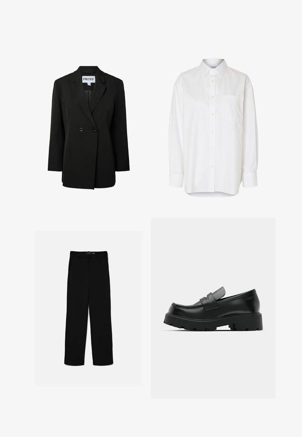 Pieces PCNOLINE LOOSE FIT - Blazer - black; Camisa blanca de manga larga con botones, cuello puntiagudo y bolsillo en el pecho, mostrada sobre un fondo liso.; Pantalones negros de corte recto con trabillas, cremallera frontal y bolsillos laterales, colocados planos sobre un fondo claro.; Mocasines de cuero negro con suela gruesa y texturizada, que presentan una correa sobre el empeine y un acabado suave y pulido.