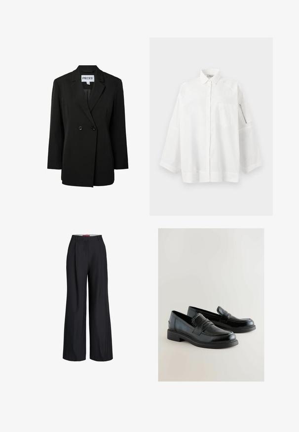 Pieces PCNOLINE LOOSE FIT - Blejzer - black; Biela oversize košeľa na gombíky s golierom, ľavým náprsným vreckom a vreckom na zips na ľavom rukáve, na jednoduchom pozadí.; Čierne široké spoločenské nohavice s opaskovými pútkami a predným zapínaním na zips, zobrazené na bielom pozadí.; Čierne kožené slip-on topánky s hladkým povrchom, zvýšeným prešívaním a nízkym štvorcovým podpätkom. Bočné akcenty sú minimálne a elegantné.