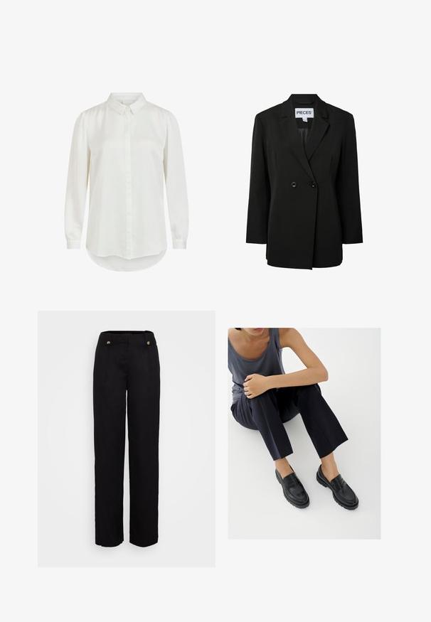 Pieces PCNOLINE LOOSE FIT - Blazer - black; Hvid langærmet skjorte med klassisk krave, der har en glat tekstur og knaplukning. Rundet kant og let puffede ærmer.; Sorte, vide bukser i glat stof. Har to frontknapper og en høj taljedesign. Subtile plisseringer styrker strukturen.; Sorte læderloafers med teksturerede detaljer, lav hæl, rund tå og synlige syninger. Modellen bærer mørke bukser og en grå top.