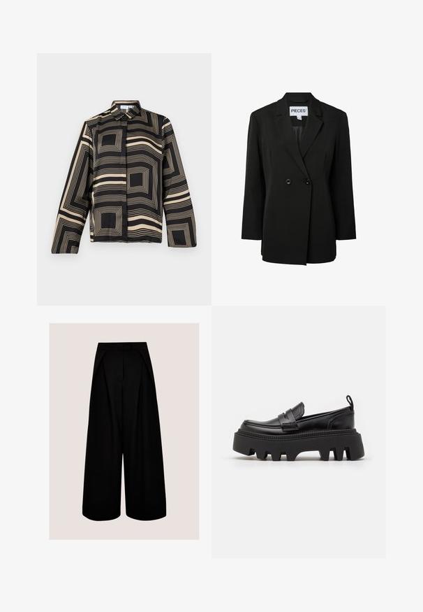 Pieces PCNOLINE LOOSE FIT - Blazer - black; Chemise noire et beige avec un motif géométrique, dotée de manches longues, d'un col et d'une coupe ample en tissu lisse et brillant.; Pantalon noir à jambes larges et taille haute, avec plis et fermeture avant cachée, sur un fond clair uni.; Mocassins en cuir noir avec une semelle en caoutchouc noir épaisse, dotées de rainures antidérapantes et d'une sangle décorative à l'avant.