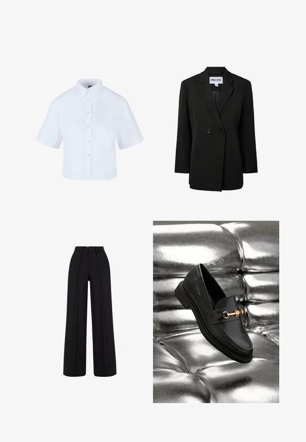 Pieces PCNOLINE LOOSE FIT - Σακάκι - black; Λευκό κοντό πουκάμισο με κουμπιά και κοντά μανίκια, με κλασικό γιακά και κουμπιά με απαλή όψη μαργαρίτας, φτιαγμένο από απαλό ύφασμα.; Μαύροι παντελόνες με ψηλή μέση και φαρδύ πόδι, με ραφές μπροστά, θηλιές για ζώνη και κουμπί στη μέση.; Μαύρο δερμάτινο λουστρίνι με λεπτομέρεια χρυσής απόχρωσης. Το παπούτσι διαθέτει κομψό σχέδιο και λεία, γυαλιστερή υφή.