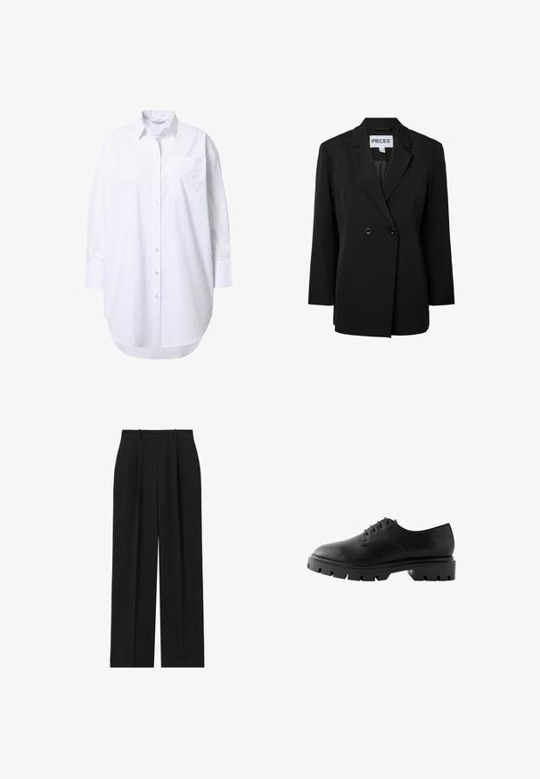 Pieces PCNOLINE LOOSE FIT - Blazer - black; Overdimensioneret hvid skjorte med lange ærmer, spidst krave, forlommer og let buet nederkant.; Reiss PETITE FIT - EDEN ELASTICATED WAIST WIDE - Bukser - navy; Sorte lædersko med rund tå, seks snørrehuller, flade snørebånd og en kraftig gummisål med dybe mønstre.