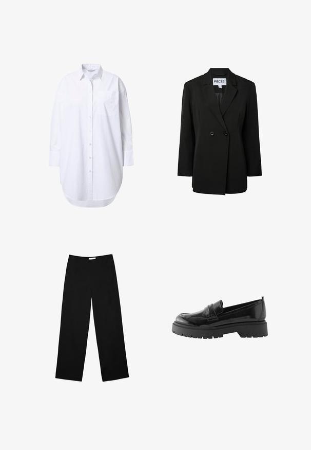 Pieces PCNOLINE LOOSE FIT - Blazer - black; Overdimensioneret hvid skjorte med lange ærmer, spidst krave, forlommer og let buet nederkant.; Vide benbukser i sort stof, med en glat overflade, enkelt design og en diskret lynlås i siden til lukning.; Sorte lakerede loafers har en lav platformssål med en robust træd og en quiltet detalje over midtfoden.