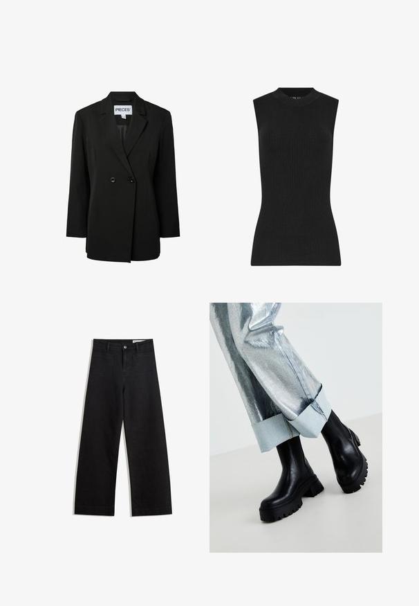Pieces PCNOLINE LOOSE FIT - Blazer - black; Schwarzes ärmelloses Rippenstrickoberteil mit hohem Ausschnitt, figurbetontem Schnitt und glatter Textur. Keine sichtbaren Muster oder Akzente.; Schwarze weit geschnittene Jeans mit hoher Taille, ausgestattet mit Vorder- und Hintertaschen, gesteppten Nähten und einem Knopfverschluss. Glatte Textur.; Schwarze klobige Knöchelstiefel mit strukturierten Sohlen, getragen mit silbernen metallischen Hosen, die einen hellen Denim-Bund umfassen. Minimalistisches Design, elegante Materialien.