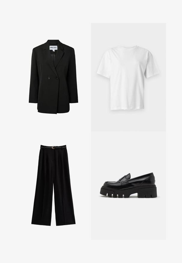 Pieces PCNOLINE LOOSE FIT - Blazer - black; Effen wit T-shirt met korte mouwen en ronde hals, plat weergegeven op een lichtgrijze achtergrond.; Wijde zwarte broeken van zacht materiaal, met scherpe plooien en een gestructureerde zwarte riem met een gouden gespaccent.; Zwarte leren loafers met een chunky, gestructureerde platformzool en een decoratieve strap over de bovenkant. Gladde, glanzende afwerking.