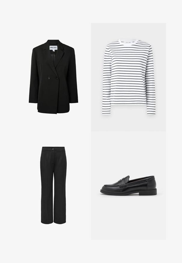 Pieces PCNOLINE LOOSE FIT - Blazer - black; Langermet skjorte i hvit bomull med svarte horisontale striper. Har rund hals og en avslappet passform. Ingen bemerkelsesverdige detaljer eller mønstre.; Svart vide bukser laget av et glatt stoff, med knappelukking og pressede linjer for et skreddersydd utseende.; Svart lær loafers med en jevn tekstur, rund tå, sydd detaljer på overdelen, og en lav, flat gummisåle.