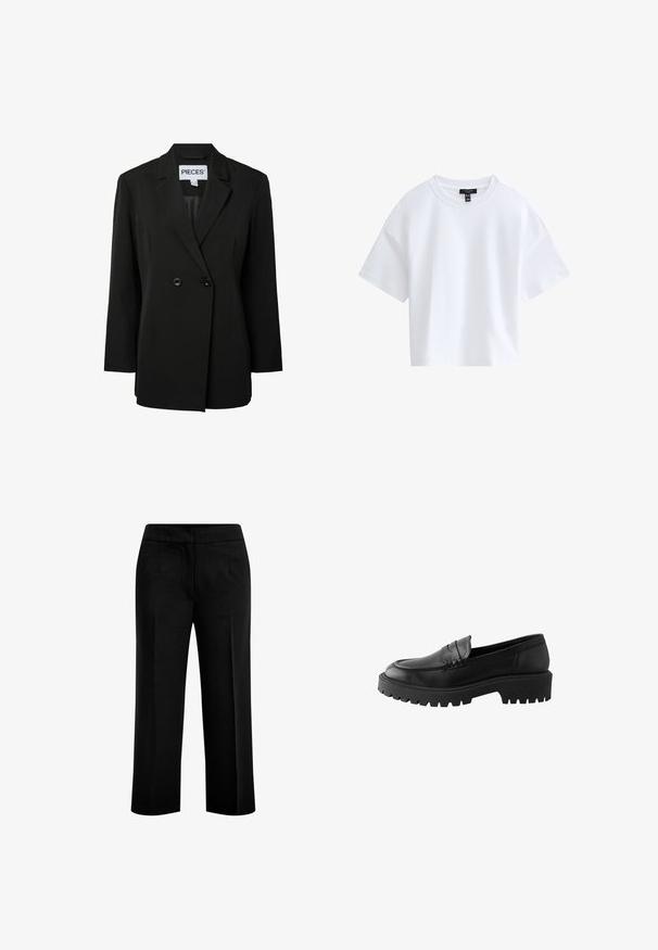 Pieces PCNOLINE LOOSE FIT - Blazer - black; Schlichtes weißes kurzärmeliges Cropped-T-Shirt mit rundem Ausschnitt und schwarzem Markenlabel innen im Kragen.; Schwarze, weite Hosen aus glattem Stoff mit zwei vorderen Taschen und einem flachen Bund. Maßgeschneiderter Schnitt mit klarer Silhouette.; Schwarze Lederloafer mit abgerundetem Zehenbereich, erhöhten Nähten und einer stabilen Gummisohle mit tiefen Profiltiefen für besseren Halt.