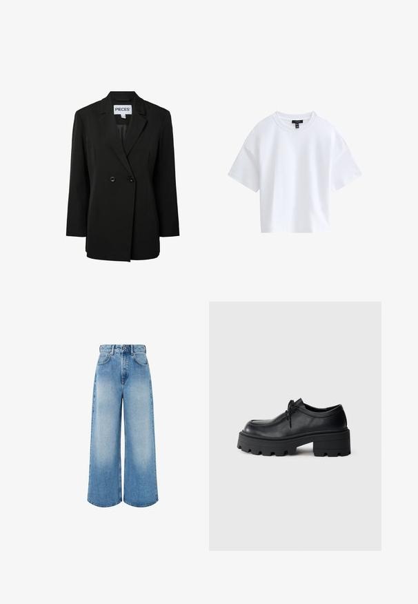Pieces PCNOLINE LOOSE FIT - Blazer - black; Schlichtes weißes kurzärmeliges Cropped-T-Shirt mit rundem Ausschnitt und schwarzem Markenlabel innen im Kragen.; Hellblaue, weit geschnittene Jeans aus Denim mit hoher Taille, Knopfverschluss und subtiler Ausbleichung sowie sauberen Saumkanten.; Schwarze Leder Schnürschuhe mit einer dicken, strukturierten schwarzen Gummisohle und einer runden Spitze. Verfügt über dezente Stickdetails.