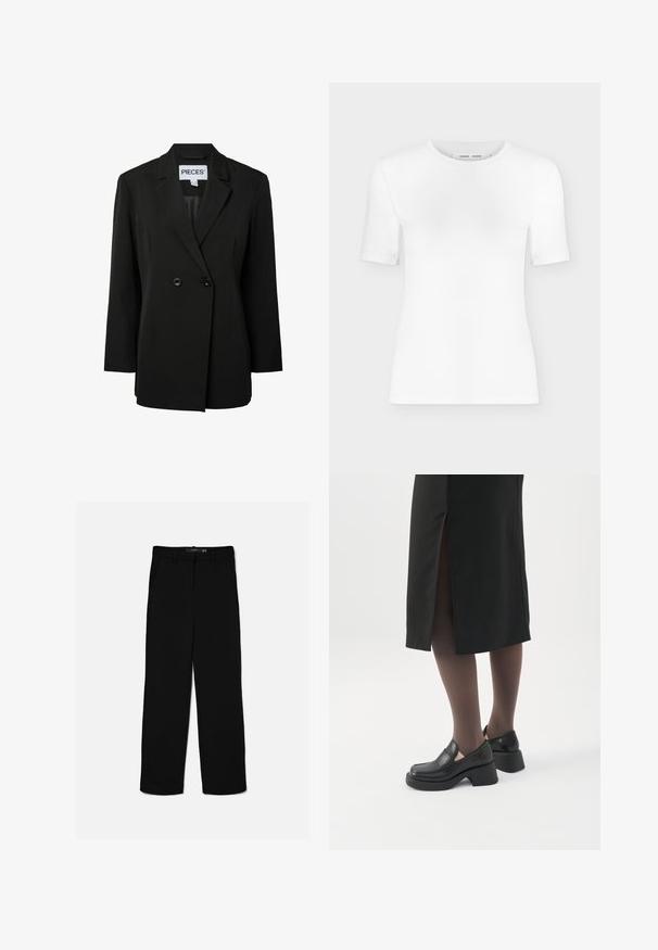 Pieces PCNOLINE LOOSE FIT - Blazer - black; Weißes T-Shirt mit kurzen Ärmeln und Rundhalsausschnitt, schlanker Passform und gerippter Stoffstruktur, dargestellt vor einem schlichten hellgrauen Hintergrund.; Schwarze gerade geschnittene Hose mit Gürtelschlaufen, Frontreißverschluss und Seitentaschen, flach auf hellem Hintergrund ausgelegt.; Frau trägt schwarze Loafers mit klobigem Absatz, schwarze transparente Strumpfhosen und einen schwarzen Rock mit Schlitz hinten vor weißem Hintergrund.