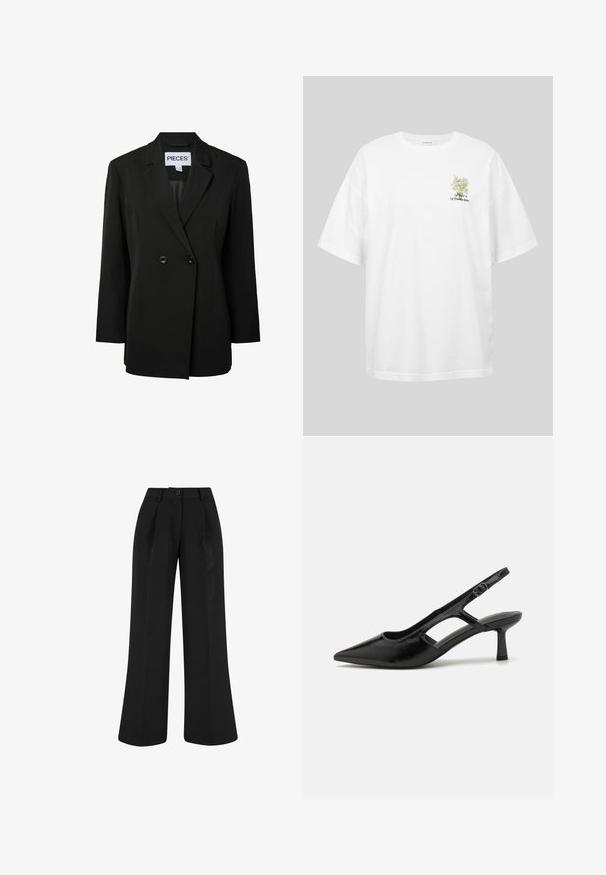 Pieces PCNOLINE LOOSE FIT - Blazer - black; T-shirt blanc oversize avec petit motif floral et texte « Laisse entrer la lumière, laisse pousser les fleurs » sur la poitrine gauche.; Pantalon noir taille haute à jambes larges avec plis devant, passants de ceinture et fermeture par bouton à la taille.; Escarpins noirs à talon ouvert avec un embout pointu, fabriqués en matériau brillant, présentant des accents découpés et un talon modéré pour un bon soutien.