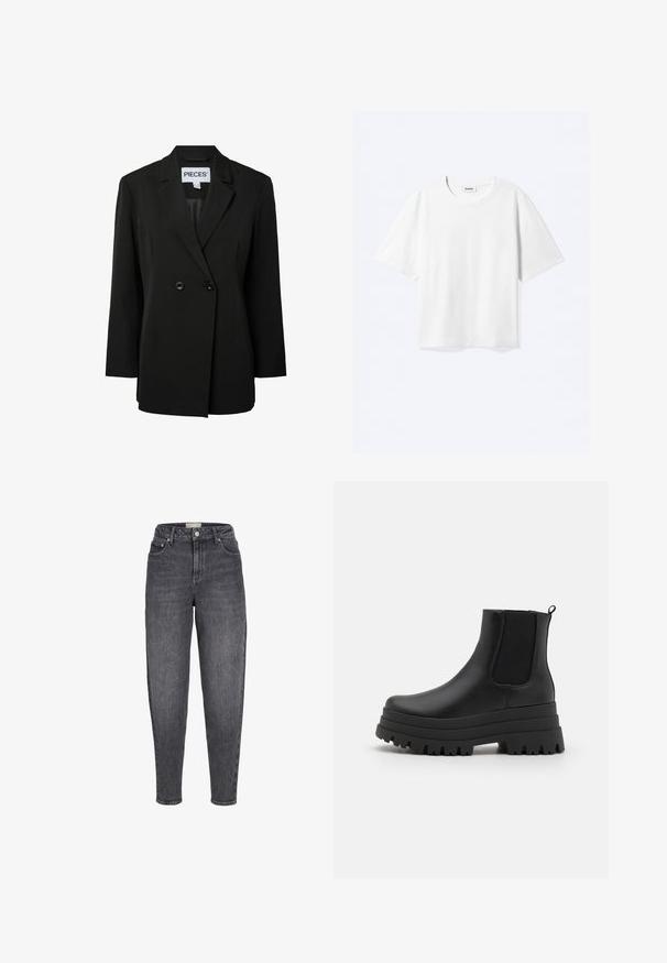 Pieces PCNOLINE LOOSE FIT - Blazer - black; Weißes T-Shirt mit kurzen Ärmeln und Rundhalsausschnitt mit geradem Saum, innen mit gebrandetem "WEEKDAY"-Label am Kragen.; Schwarze, hoch sitzende, verwaschene Jeans mit verjüngtem Schnitt, Fronttaschen, Gürtelschlaufen und Knopfverschluss.; Schwarze Chelsea-Boots mit einer robusten Plattformsohle, einem glatten Lederoberteil, elastischen Seiteneinsätzen und einer Zuglasche für ein einfaches Anziehen.